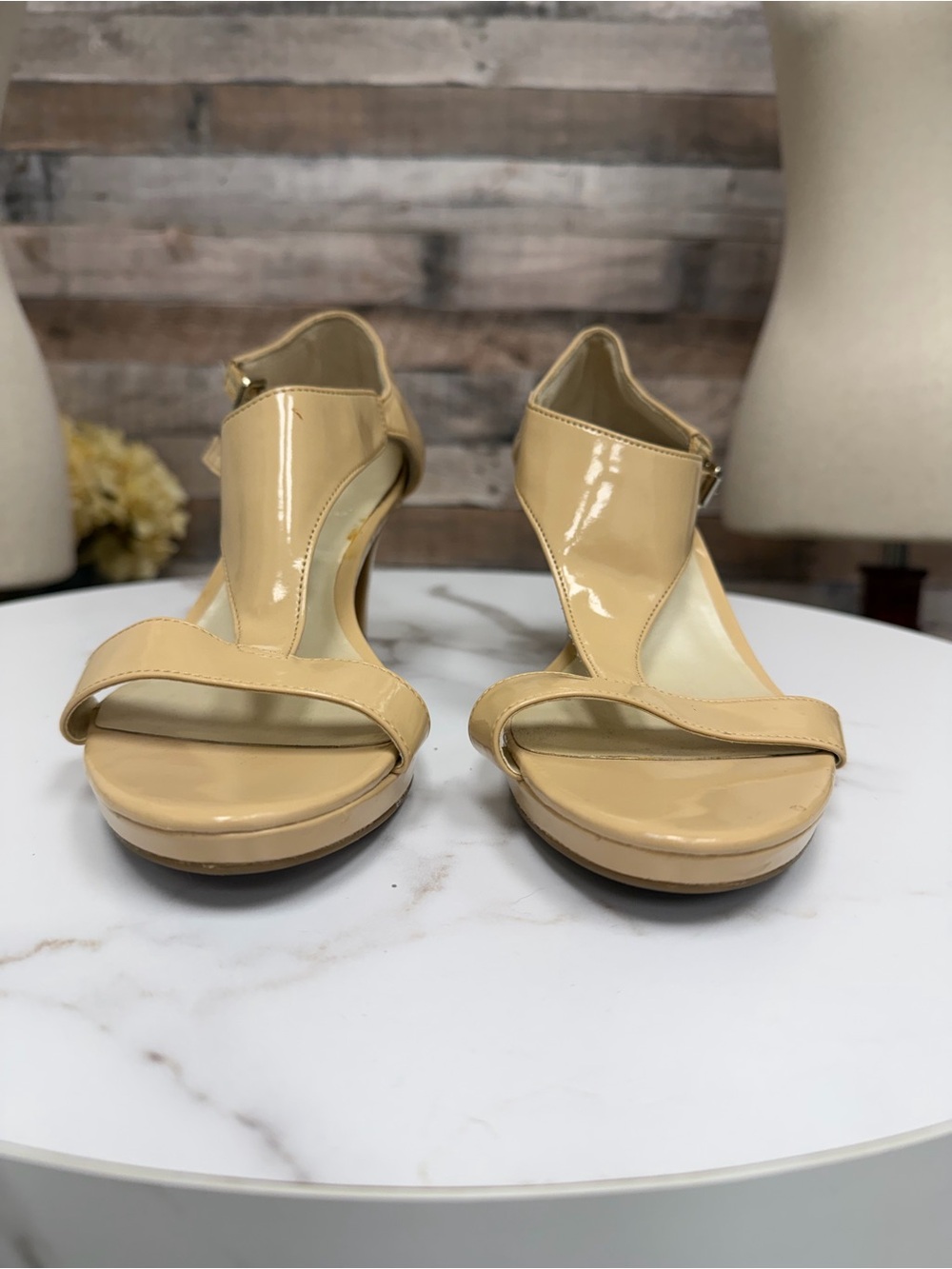 Etirenne Aigner Taupe Patent leather ankle strap heel 9